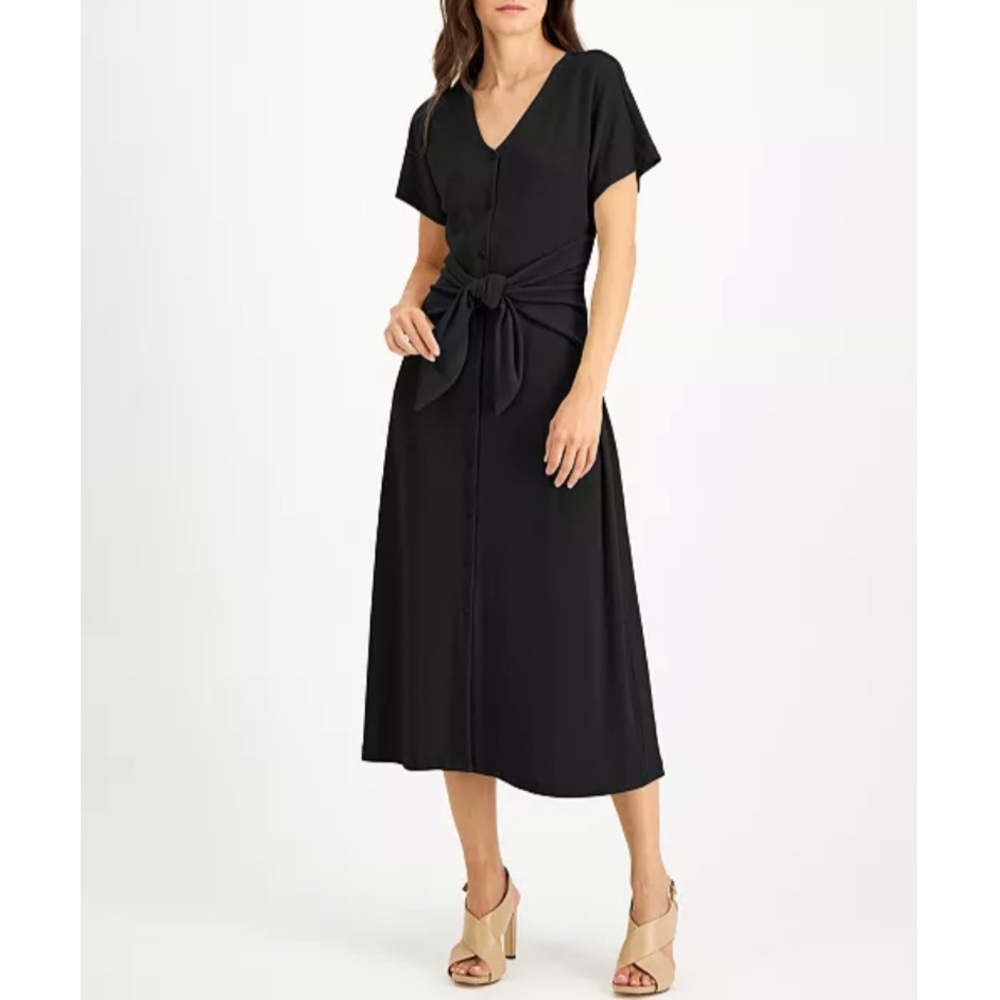 Alfani Black Button Front Tie Waist A-Line V Neck Long Midi Dress Tea Length NEW